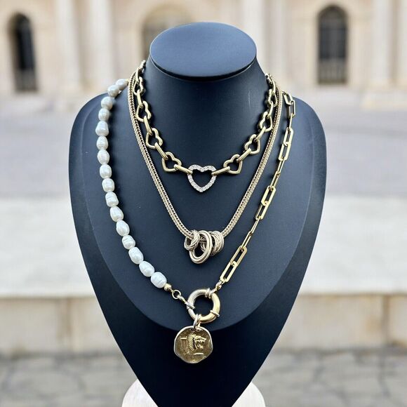 Gold Tone Layered Necklace Set Roman Coin Pearl Heart Jewelry Bundle Stackable - Picture 1 of 6